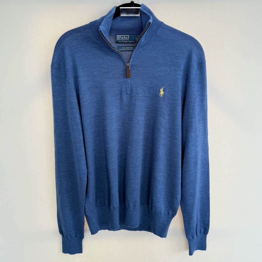 Polo Ralph Lauren 100% Merino Wool Pullover Quarter Zip Sweater blue size medium